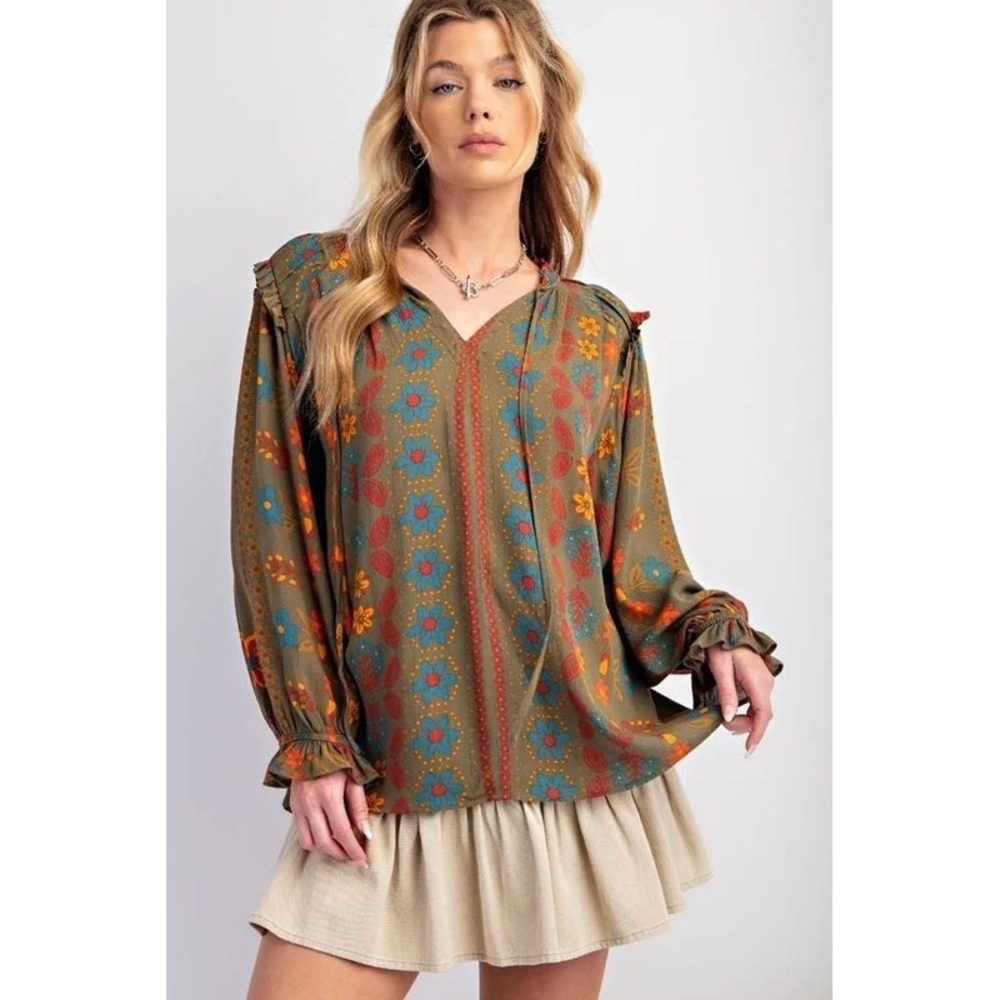 Easel Los Angeles Floral Boho Peasant Blouse Olive Green Ruffle Sleeve Top 1X